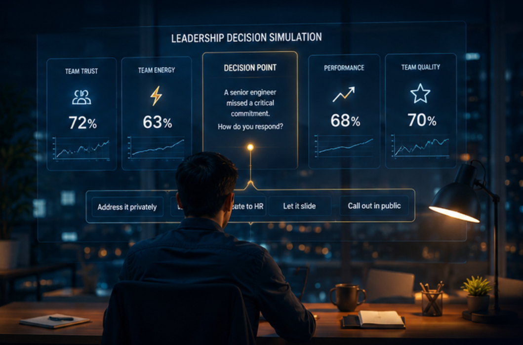 Leadership decision simulation dashboard for technical managers reviewing trust, energy, performance, and team quality metrics